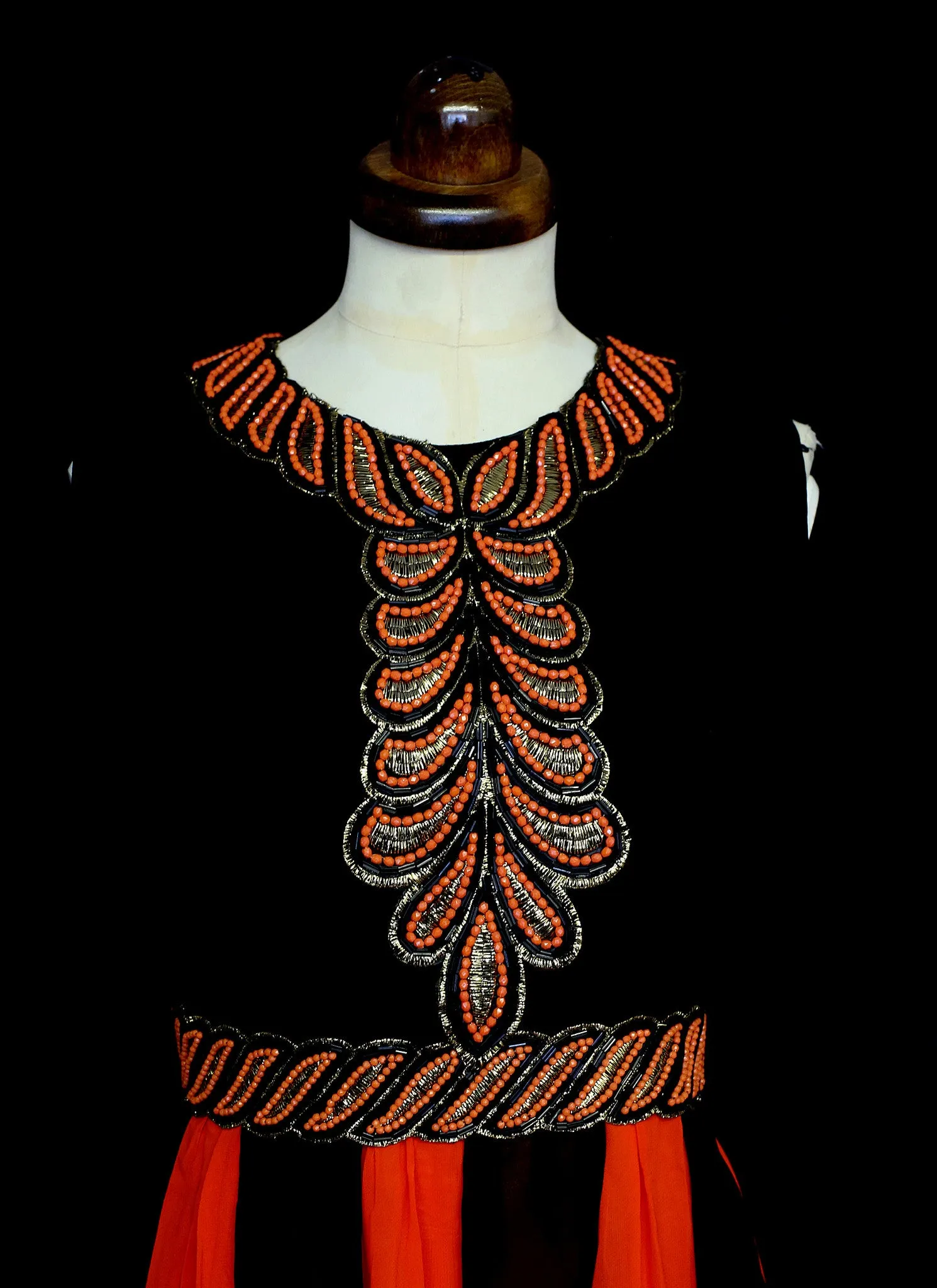 Vintage 1970s Red Black Beaded Chiffon Maxi Dress