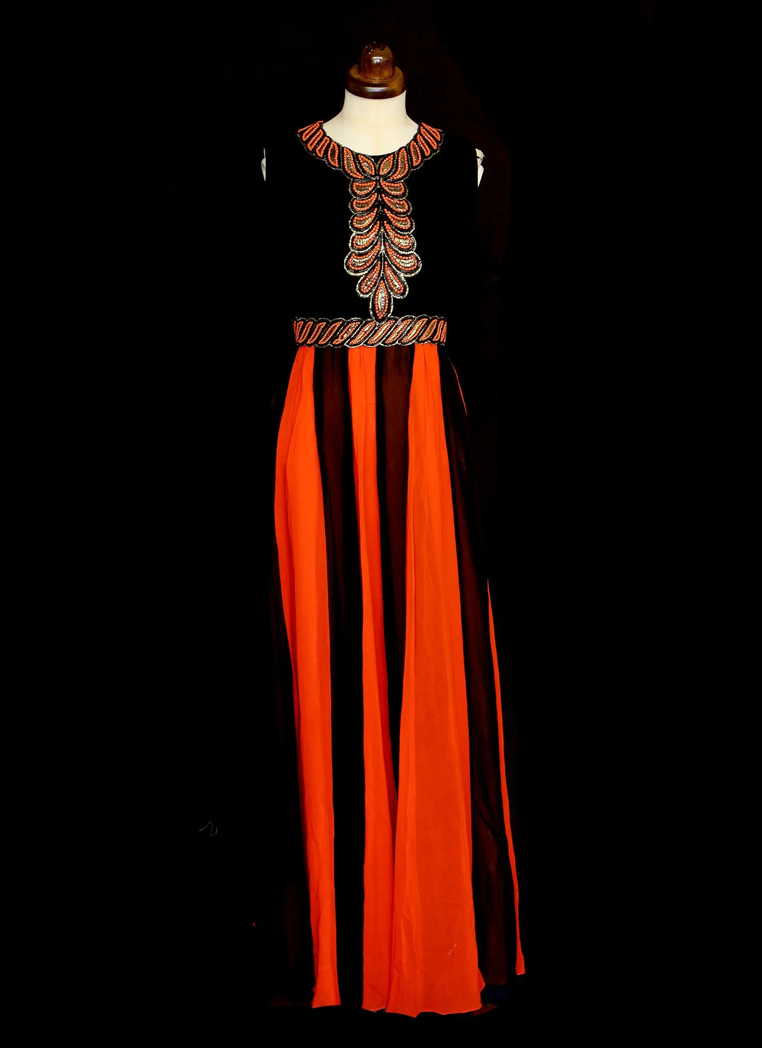 Vintage 1970s Red Black Beaded Chiffon Maxi Dress
