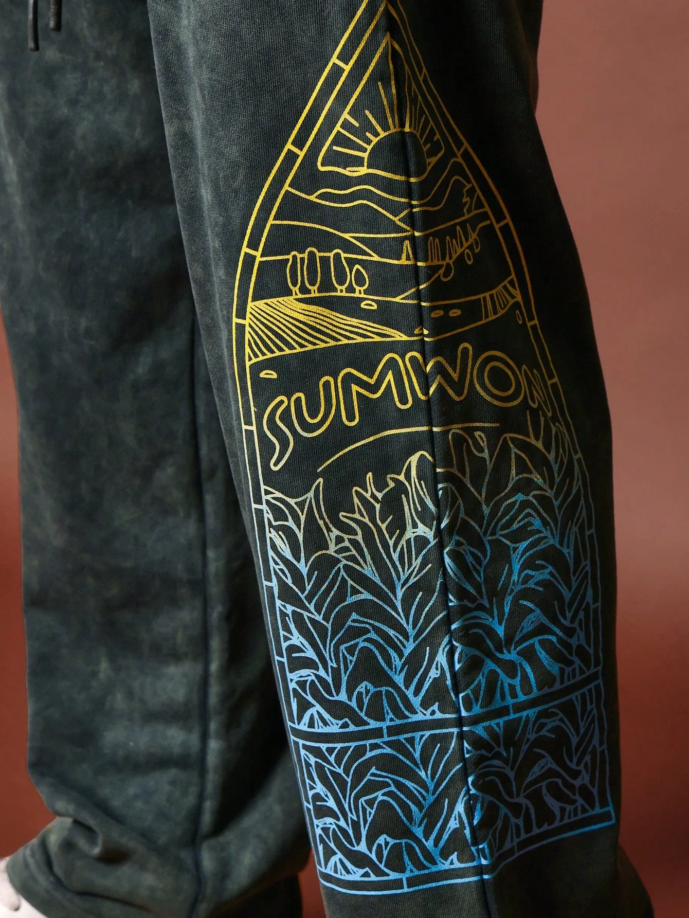 Washed Drop Crotch Graphic Printed Sweatpants