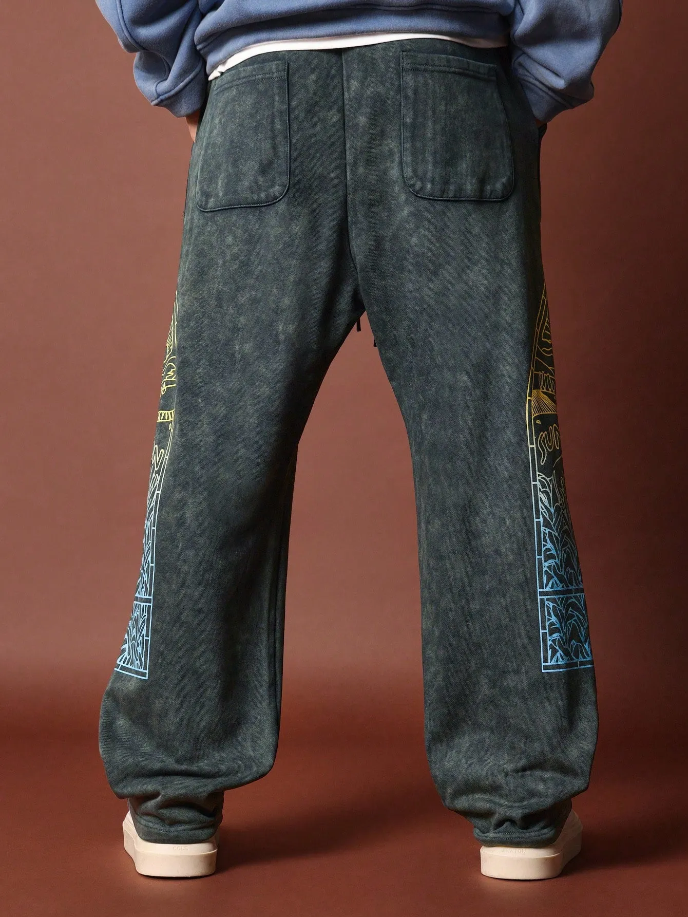 Washed Drop Crotch Graphic Printed Sweatpants