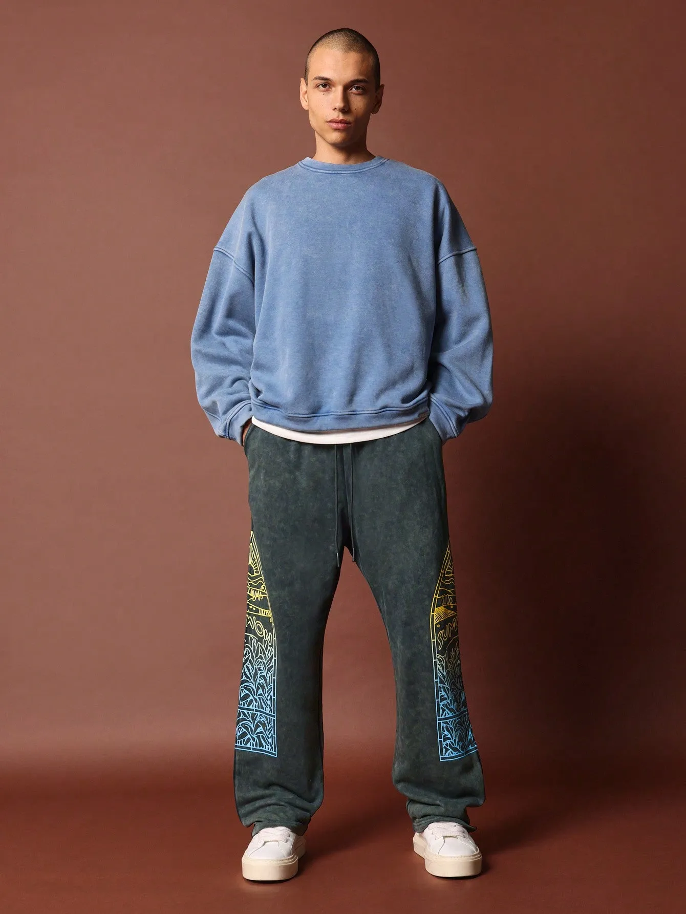 Washed Drop Crotch Graphic Printed Sweatpants