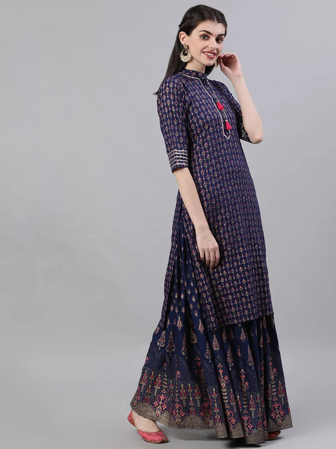 Women Navy Blue Three-Quarter Sleeves Straight Kurta Skirt With Dupatta