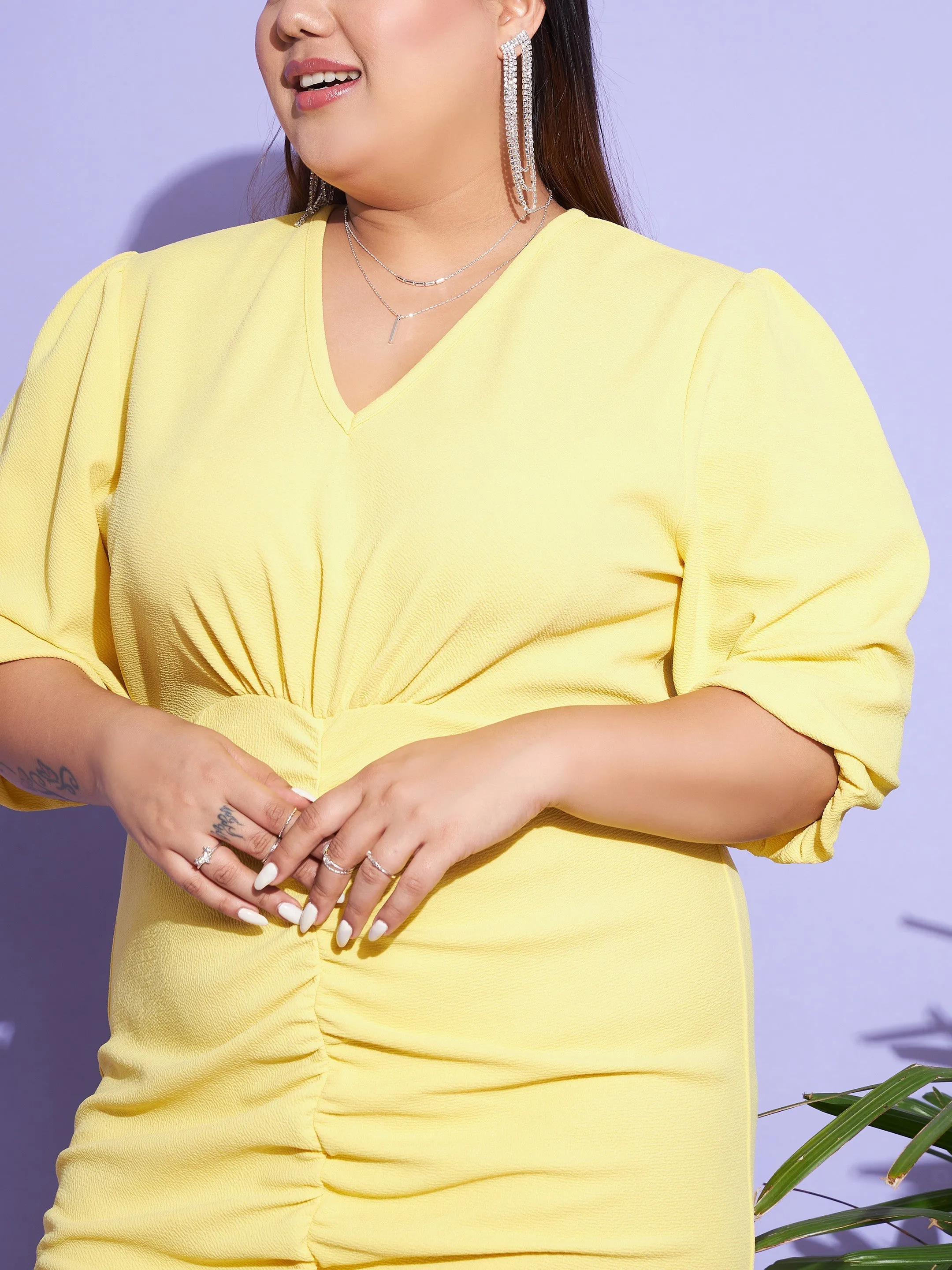 Women Yellow Solid Front Ruched Dress