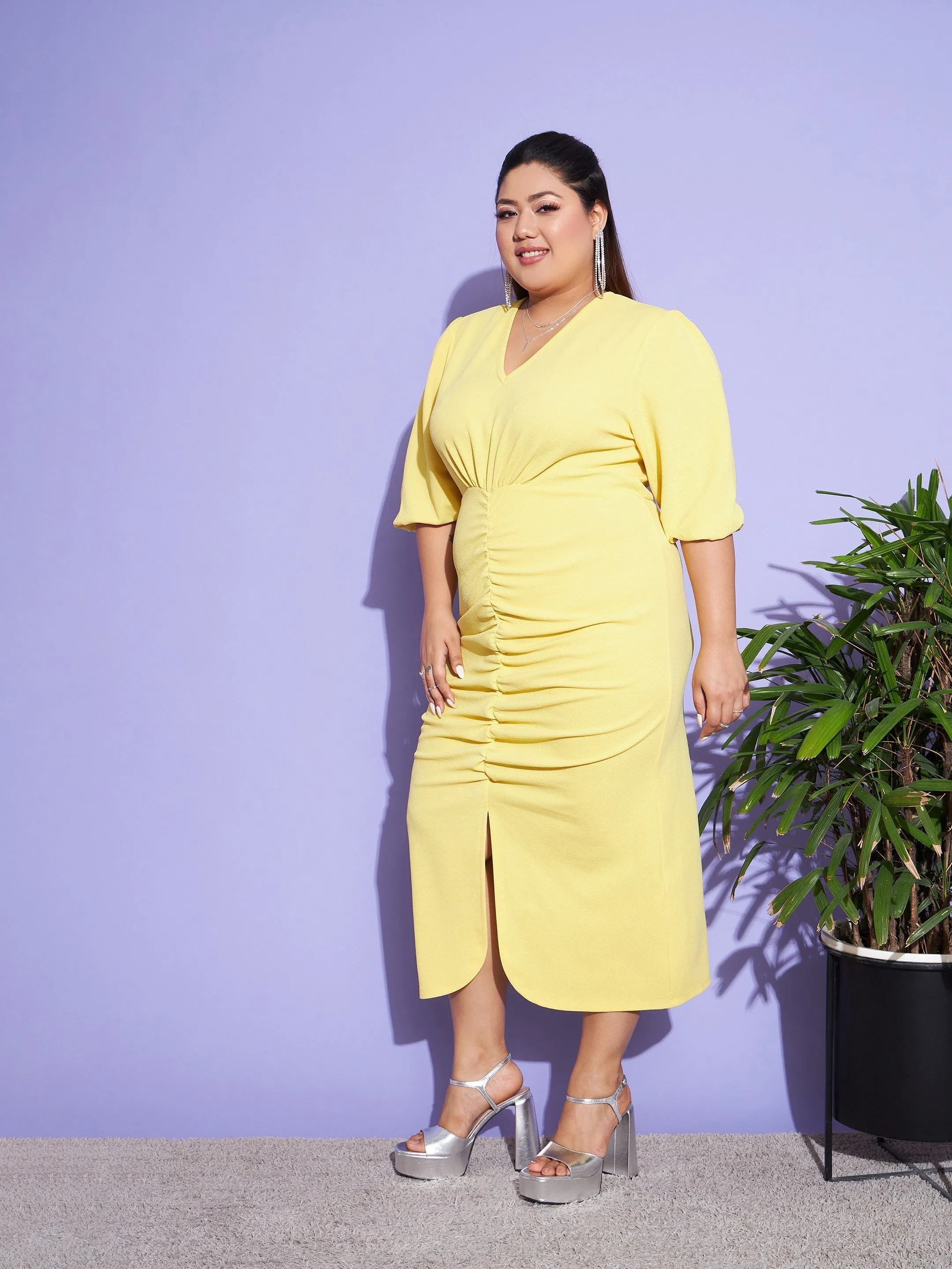 Women Yellow Solid Front Ruched Dress