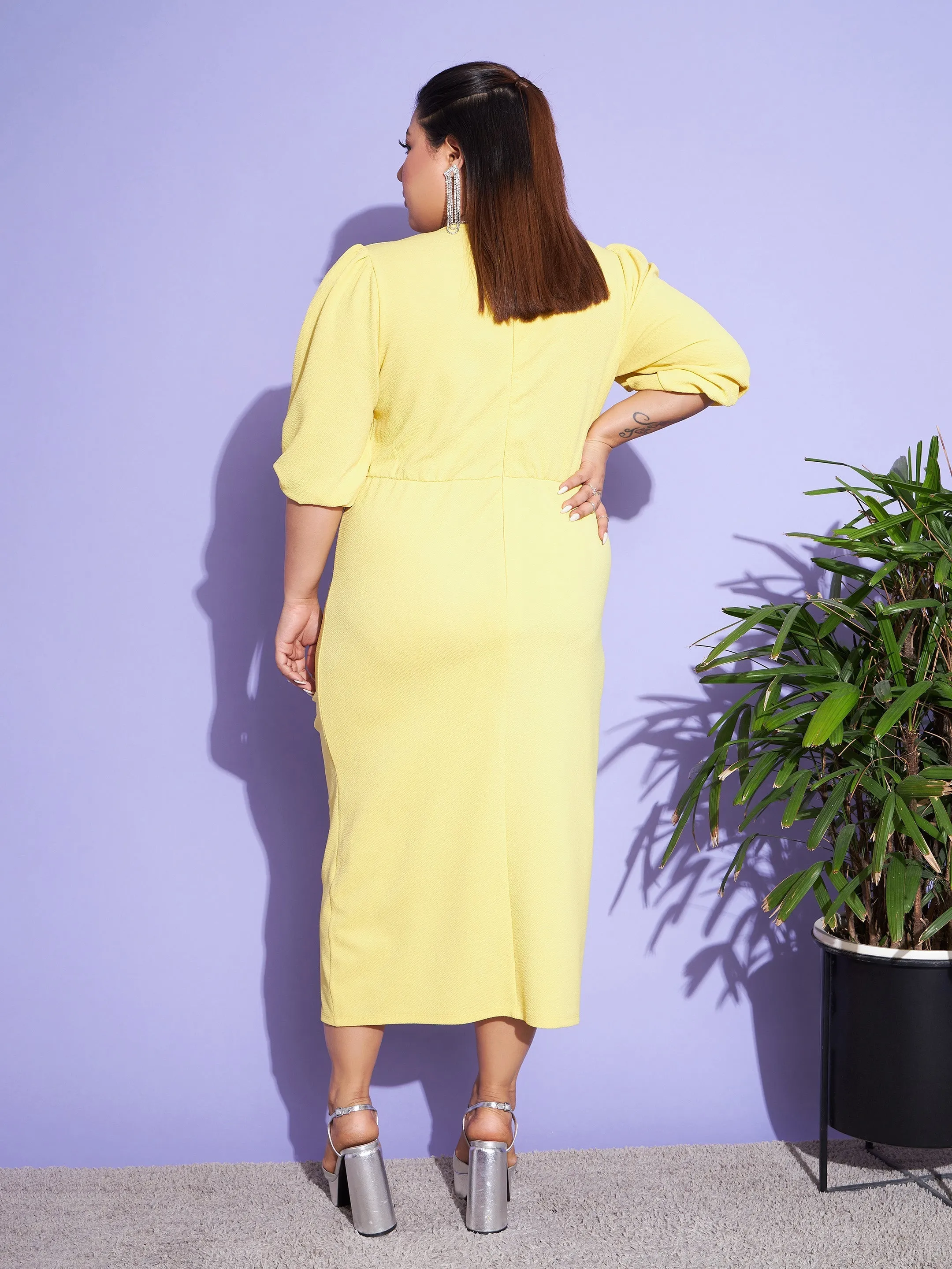 Women Yellow Solid Front Ruched Dress