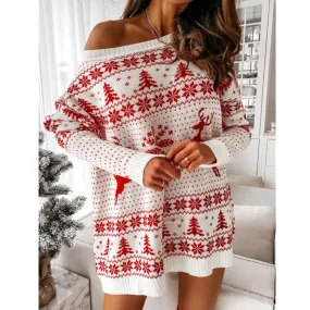 Women's Christmas Knitted Dress Elk Snowflake Print