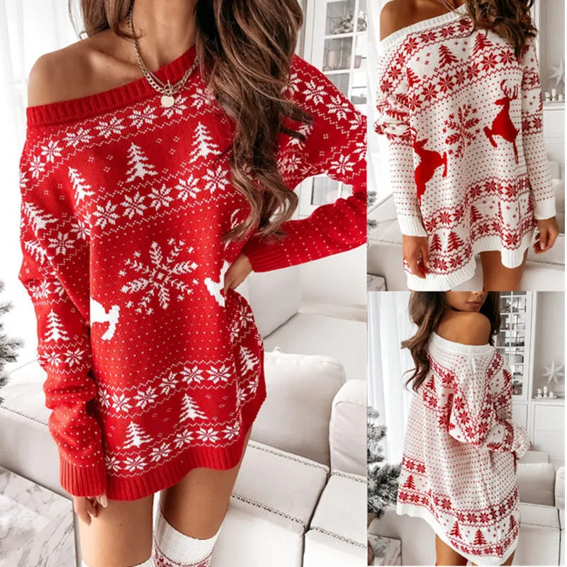 Women's Christmas Knitted Dress Elk Snowflake Print