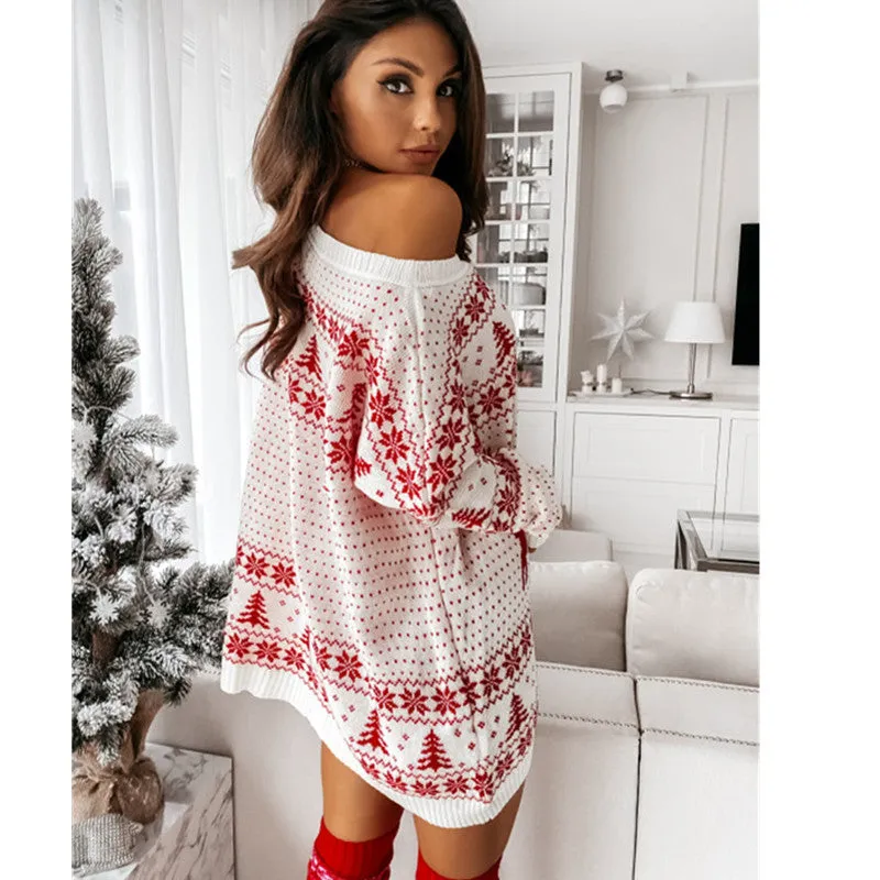 Women's Christmas Knitted Dress Elk Snowflake Print