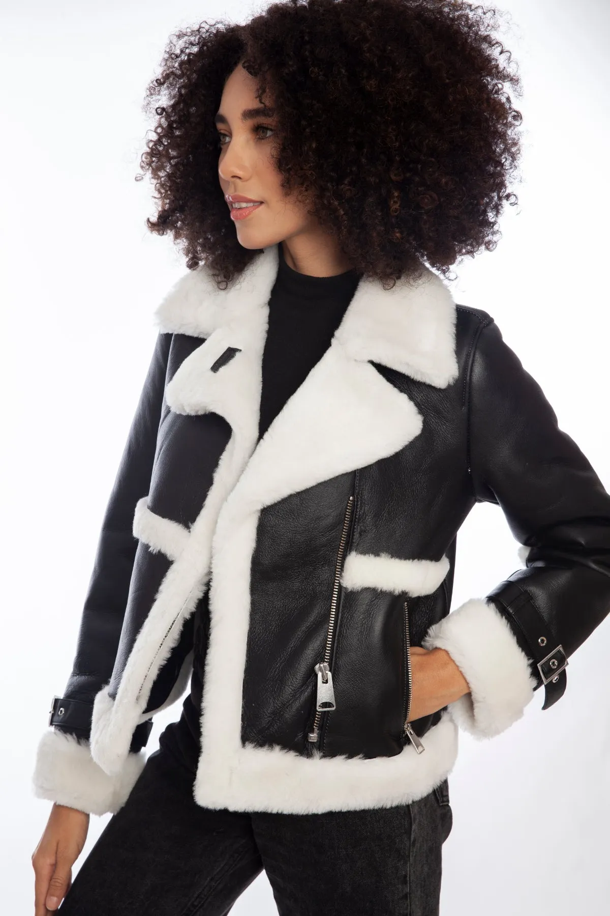 Women's Shearling Half Zipper Jacket, Silky Black with White Wool