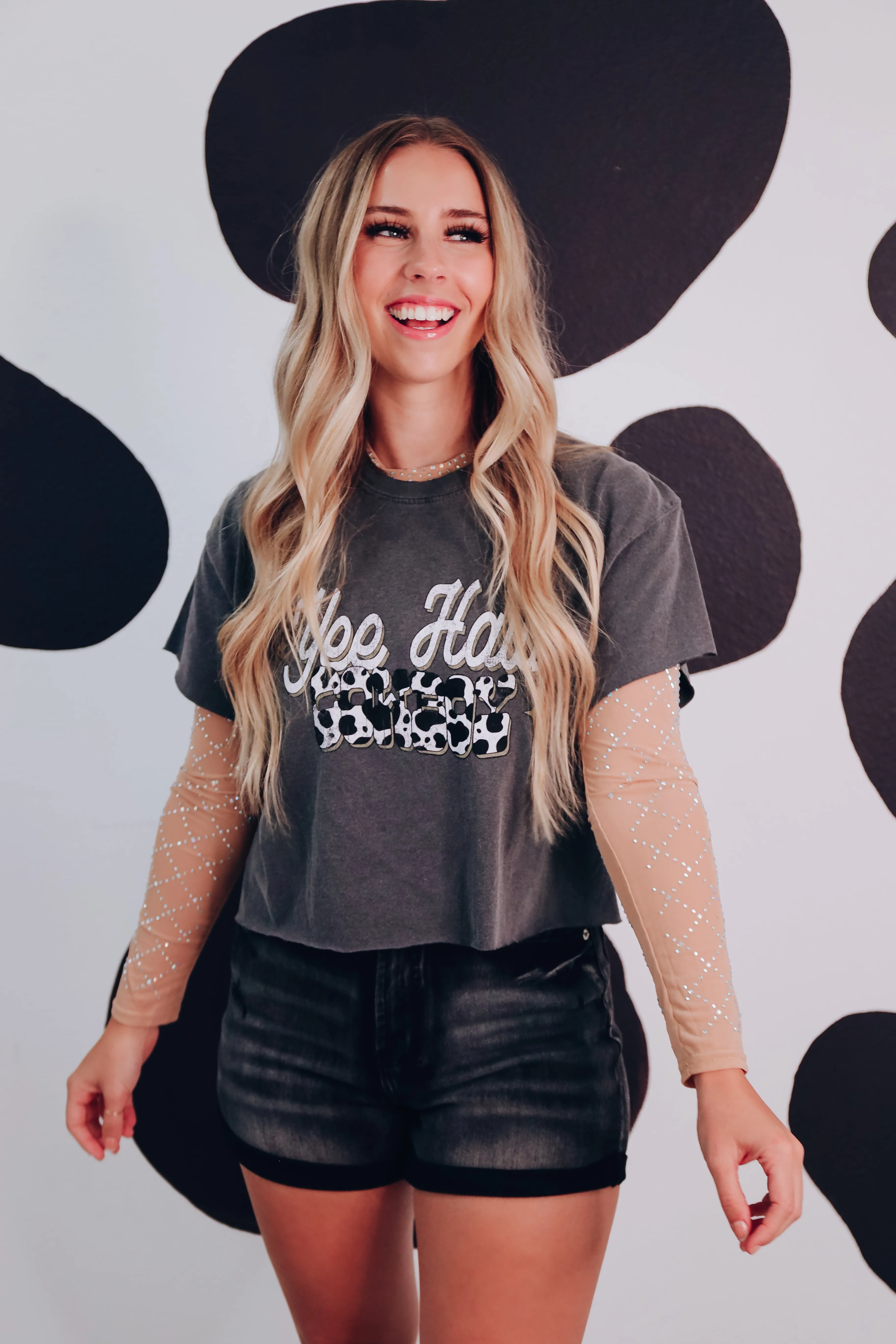 Yee Haw Cowboy Graphic Crop Top - Charcoal