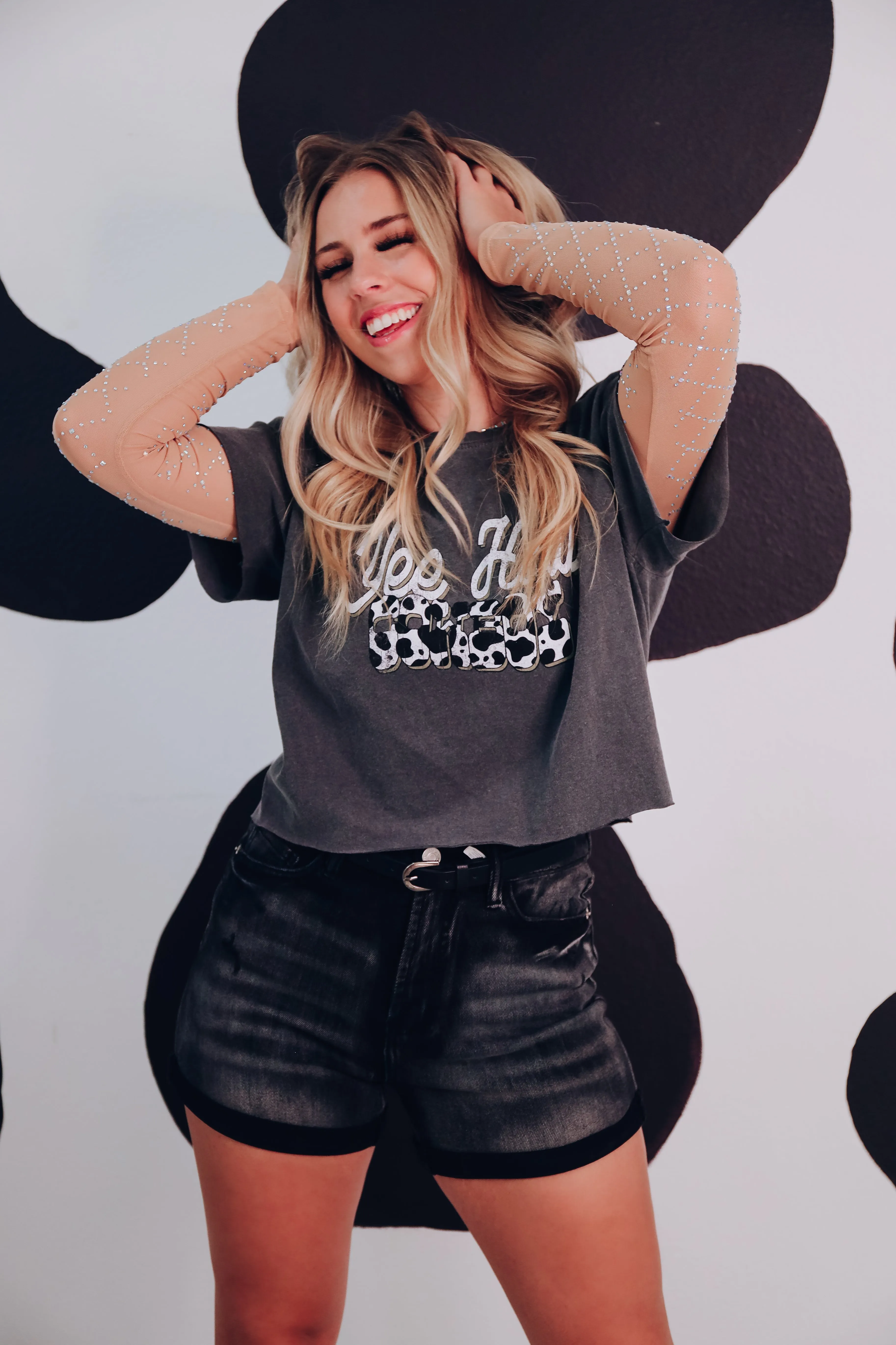 Yee Haw Cowboy Graphic Crop Top - Charcoal