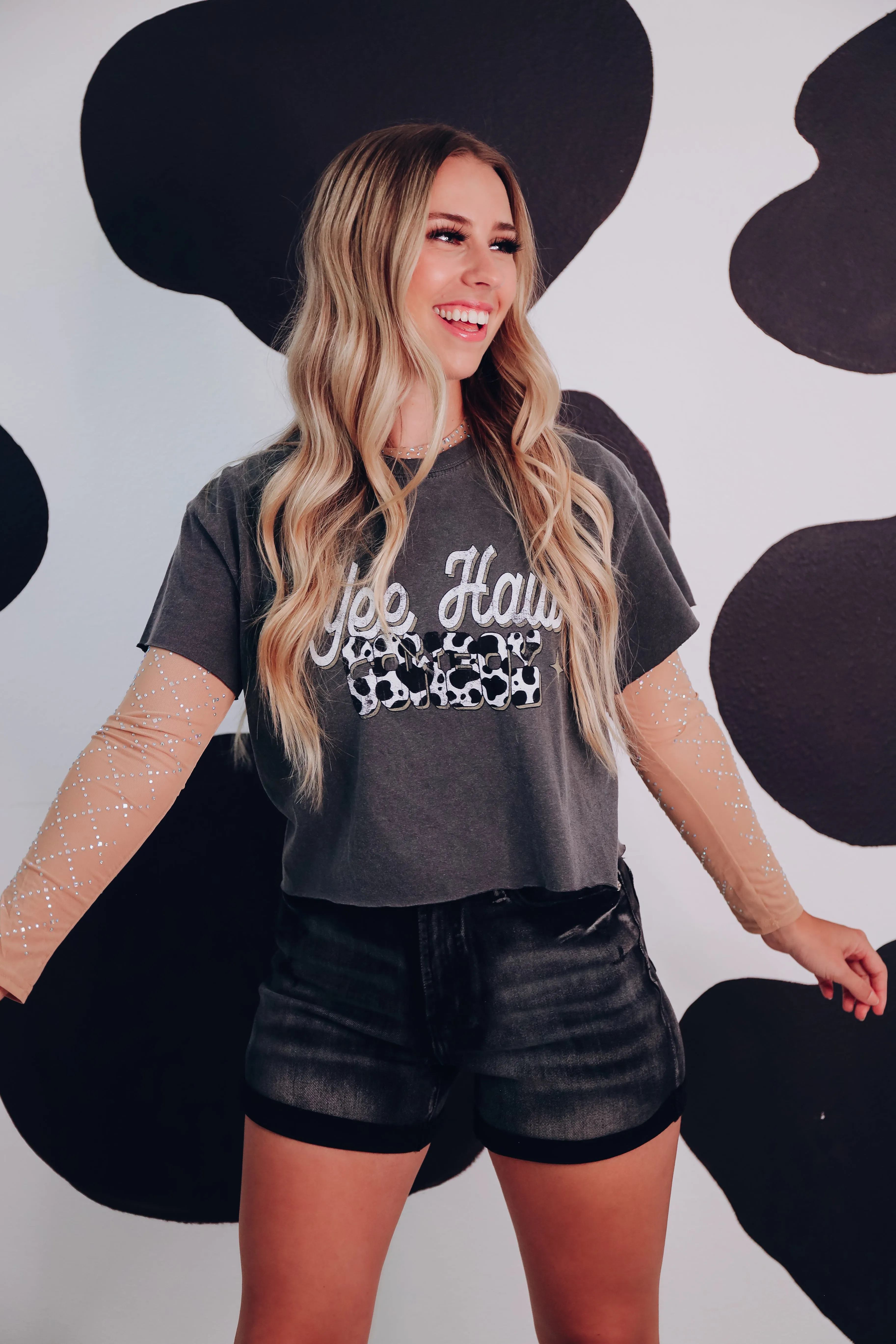 Yee Haw Cowboy Graphic Crop Top - Charcoal