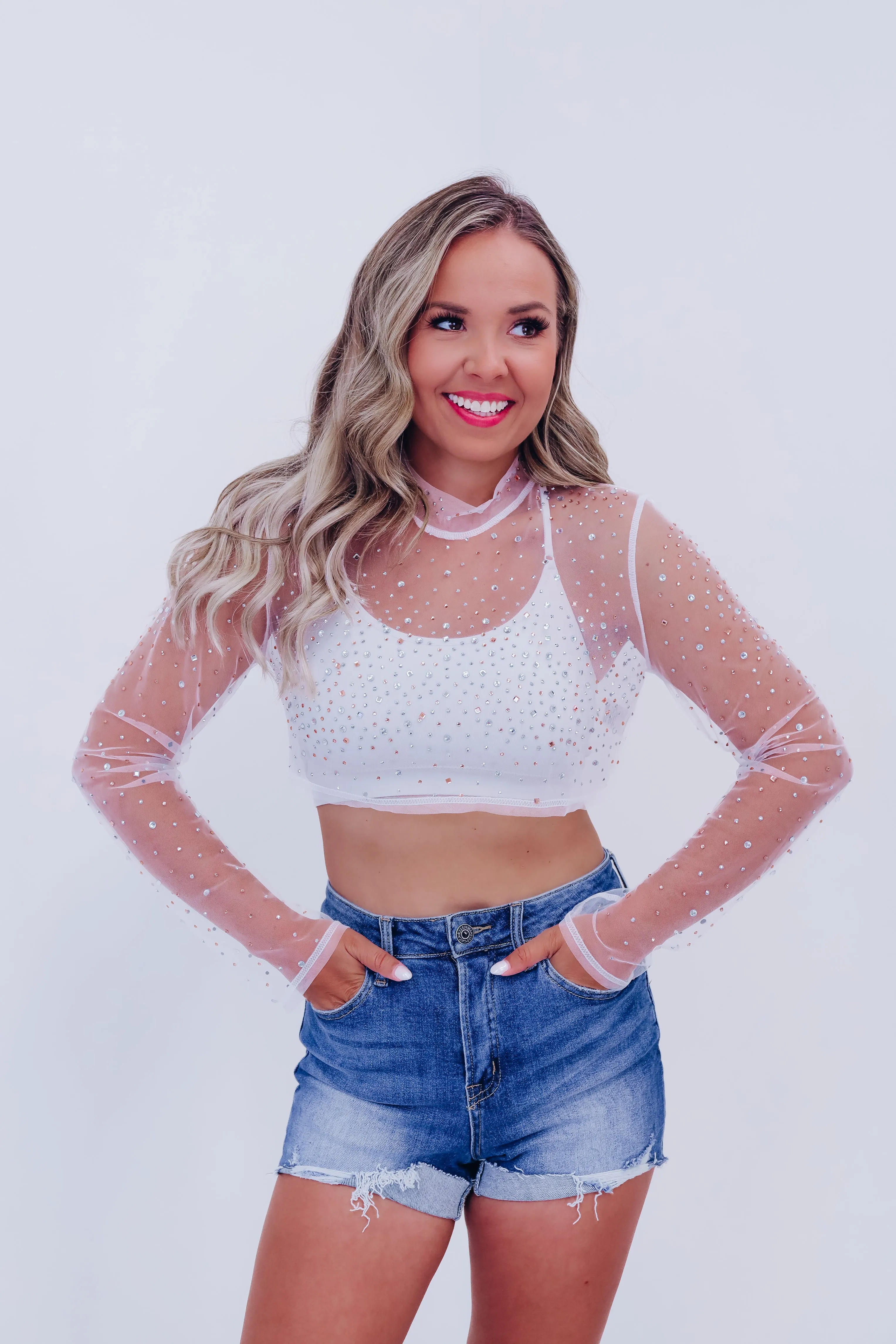 Zarha Rhinestone Mesh Crop Top - Ivory