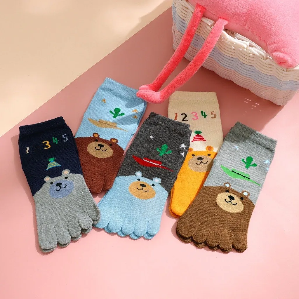 ZFSOCK 5 Finger Cute Bear Design Socks for Kids Boys, 5 Pairs