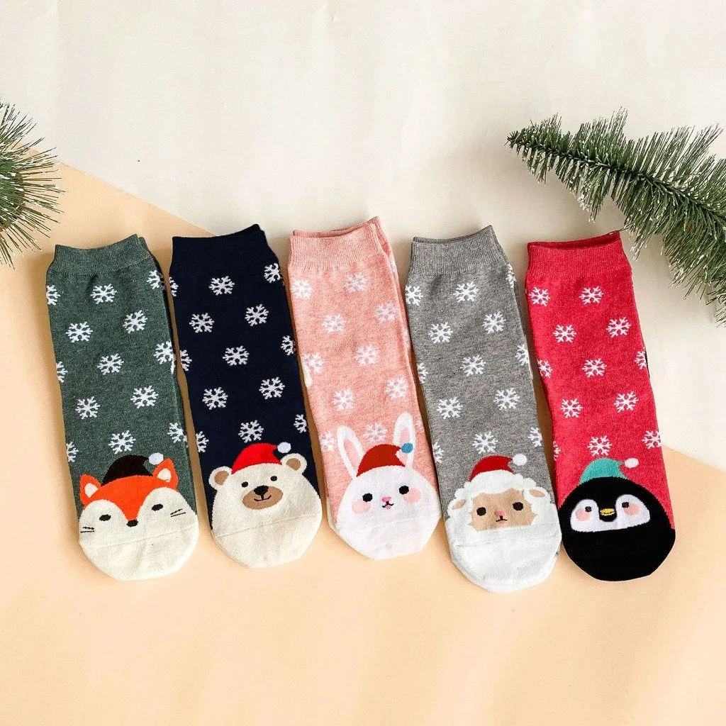 ZFSOCK 5 Pairs of Cute Animal Design Christmas Crew Socks for Women