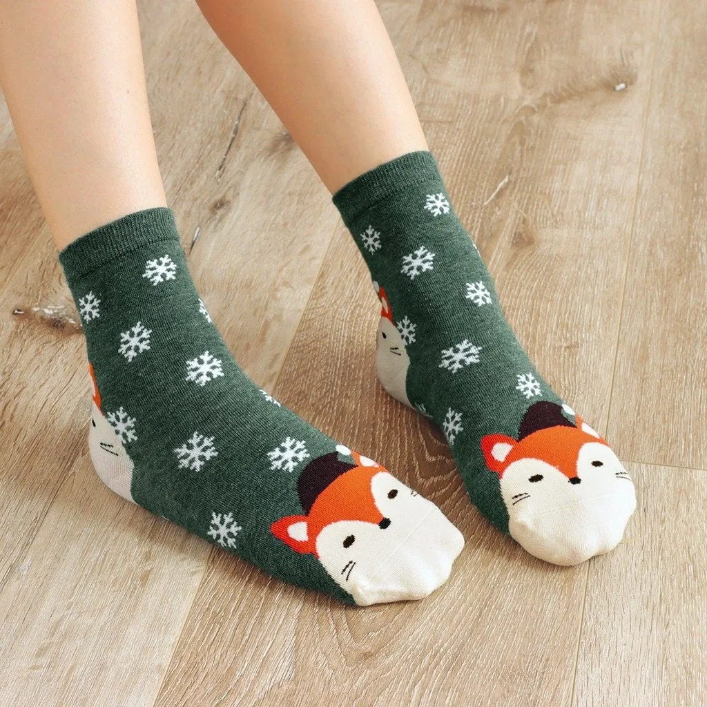 ZFSOCK 5 Pairs of Cute Animal Design Christmas Crew Socks for Women
